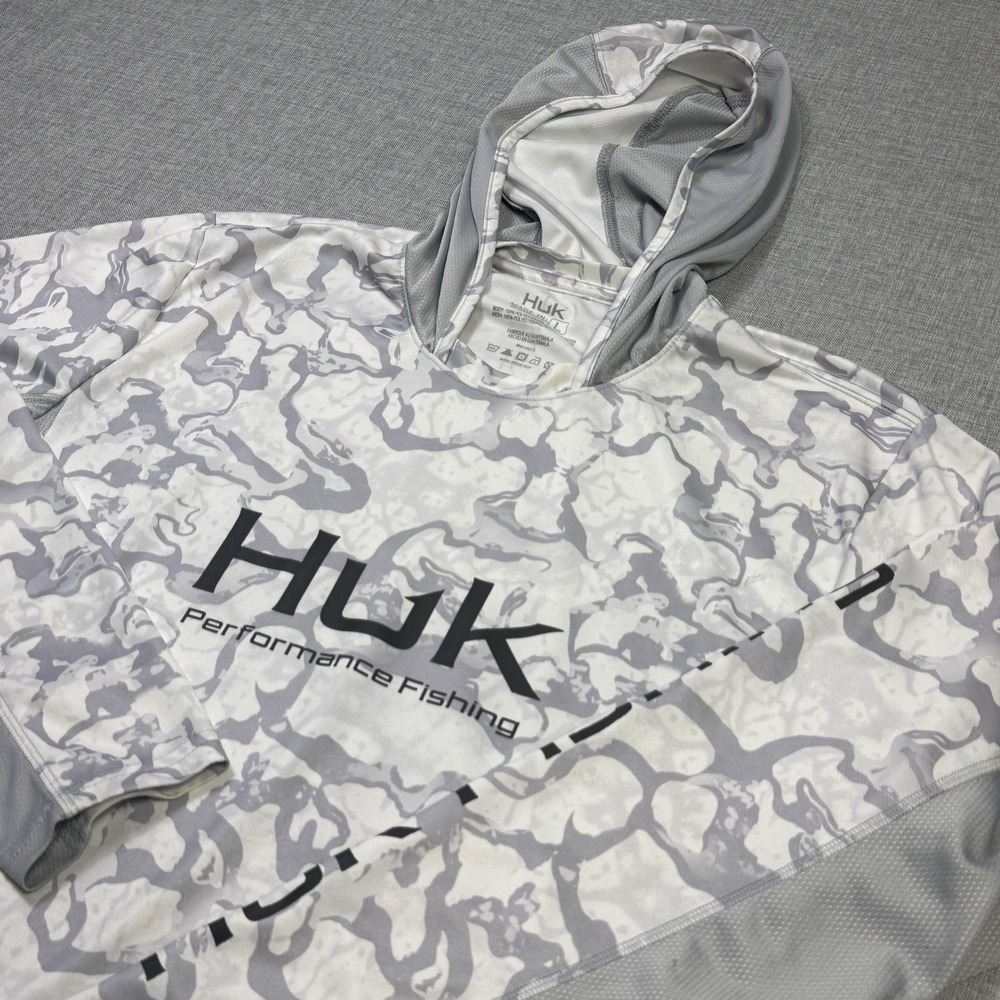 Huk Hoodie Mens Large Gray Pullover Camouflage Performance Fishing Breathable